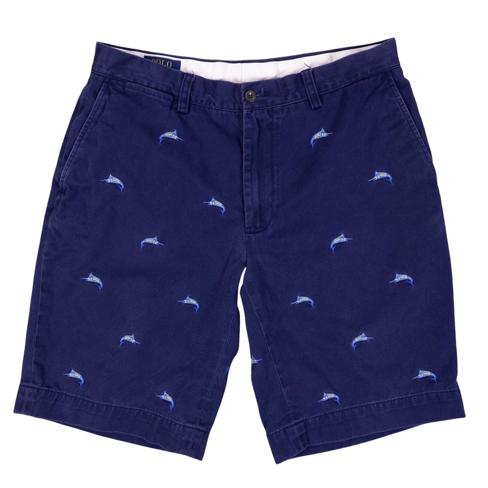 Polo Ralph Lauren Chino Shorts Mens 32 Blue Cotton Marlin Embroidered Fish